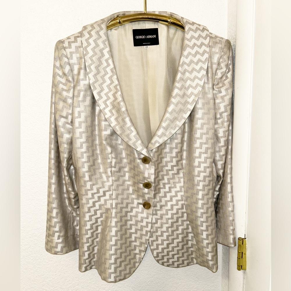 GIORGIO ARMANI Borgo The Black Label Silk-Wool Metallic Geometric Blazer SZ: 12